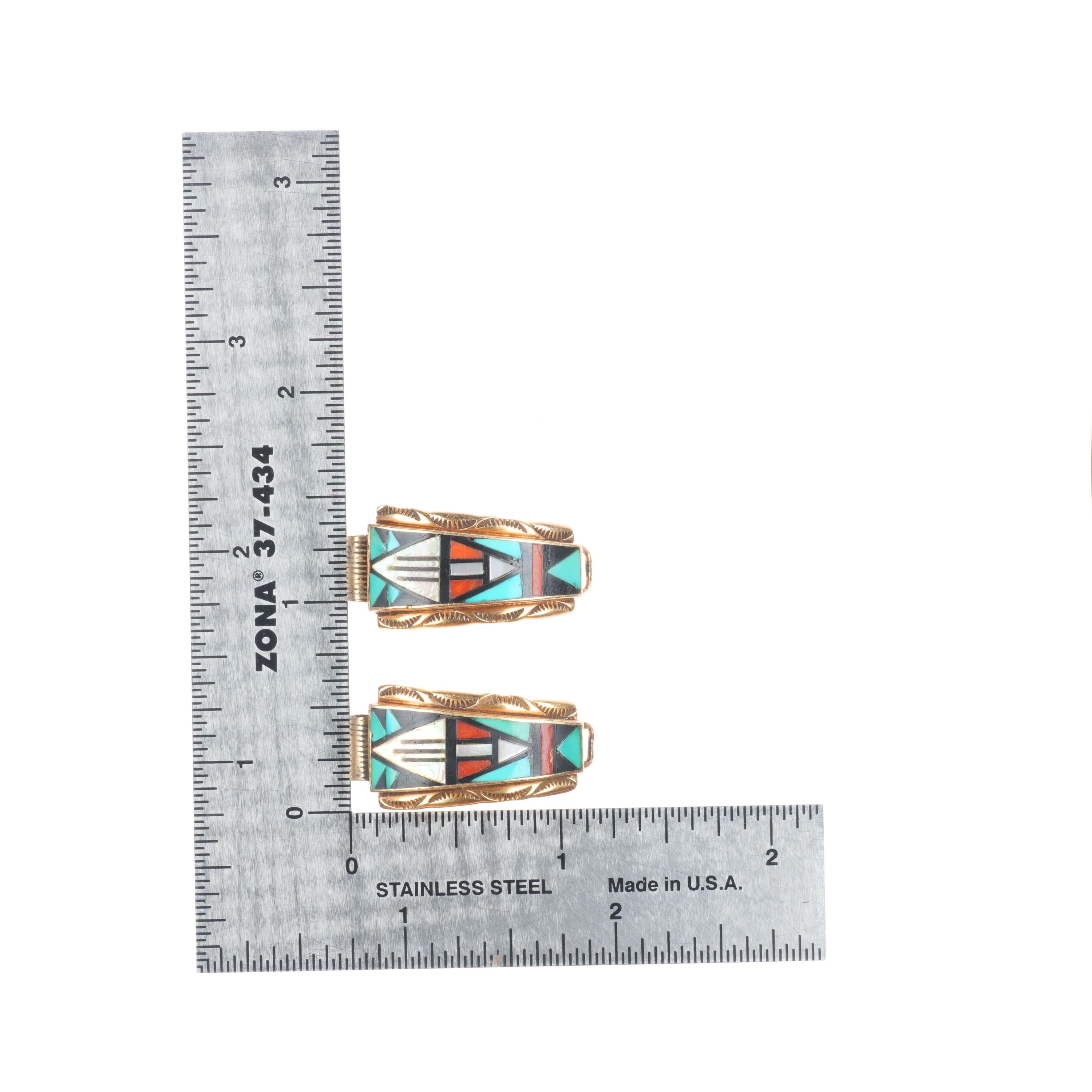14K Gold Vintage Zuni Native American Watch Tips signed Walley Vintage 14K Gold Native American Turquoise Watch Tips by  main image 3
