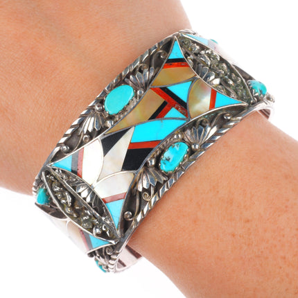 6.5" Vintage Navajo sterling silver Zuni inlaid turquoise cuff bracelet