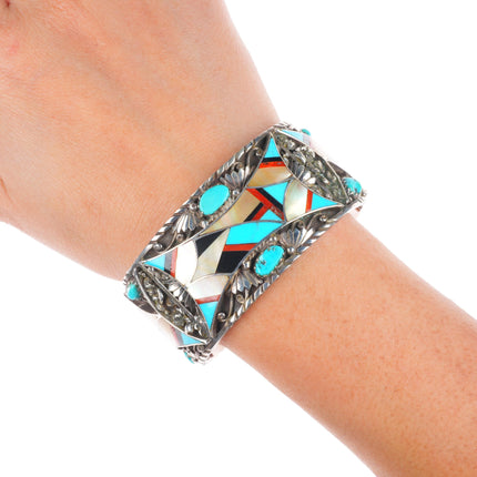 6.5" Vintage Navajo sterling silver Zuni inlaid turquoise cuff bracelet