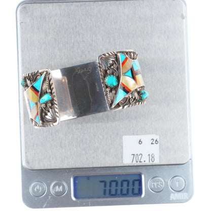 6.5" Vintage Navajo sterling silver Zuni inlaid turquoise cuff bracelet