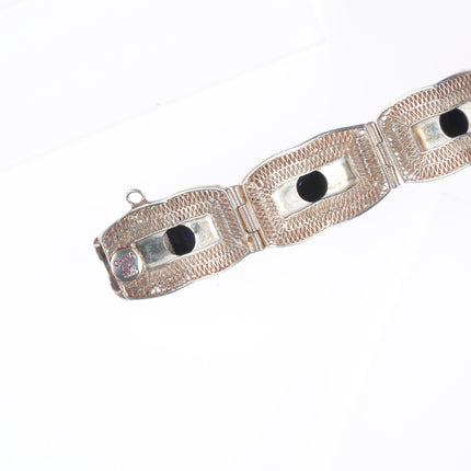 7.75" Vintage Chinese enamel sterling silver lapis link filigree bracelet