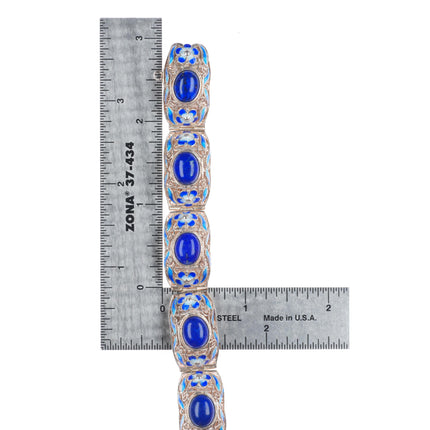 7.75" Vintage Chinese enamel sterling silver lapis link filigree bracelet