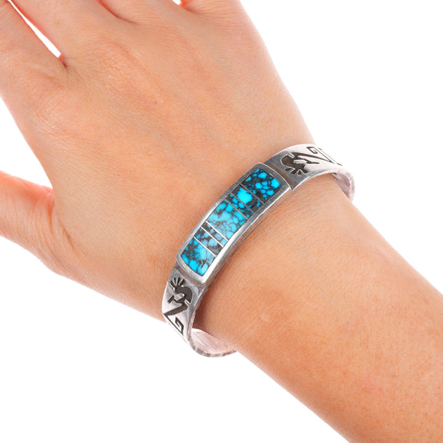 7" Ed Tsosie Navajo sterling silver Spiderweb turquoise kokopelli cuff bracelet