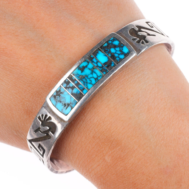 7" Ed Tsosie Navajo sterling silver Spiderweb turquoise kokopelli cuff bracelet