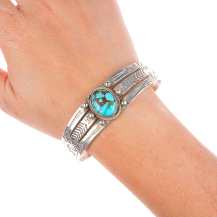 7.1" 20's-30's Vintage Navajo ingot silver whirling logs turquoise cuff bracelet