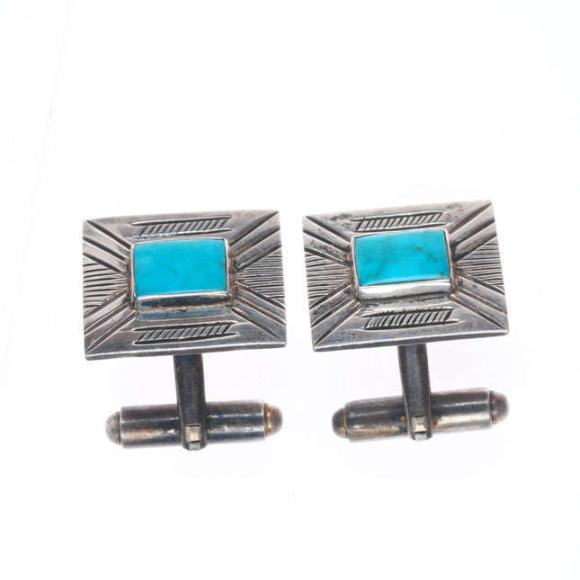 c1950's Navajo chiseled sterling silver cufflinks with nice turquoise