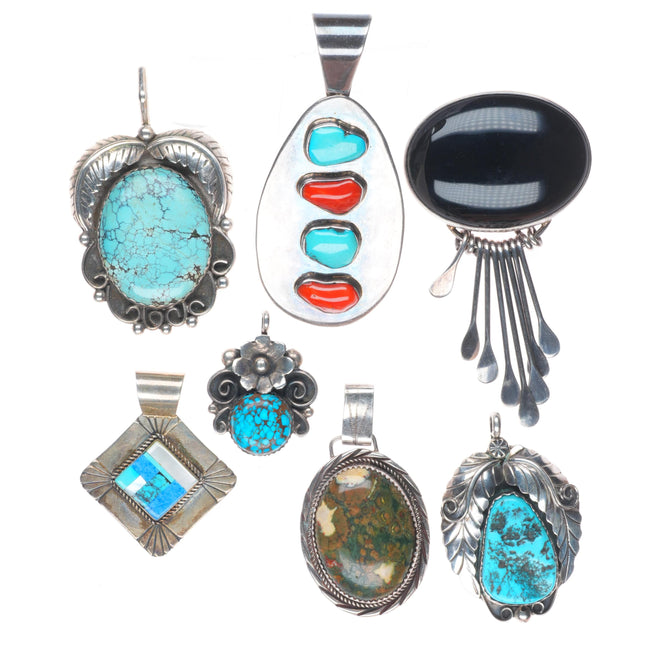 Vintage Navajo/southwestern sterling silver turquoise/coral/onyx pendants lot