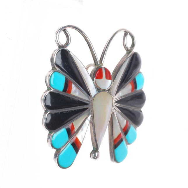 Zuni sterling silver turquoise/coral inlay butterfly pendant/pin/brooch