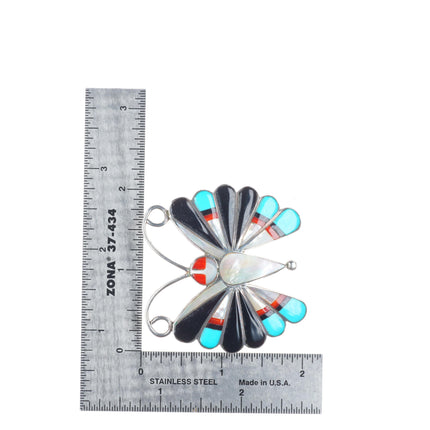 Zuni sterling silver turquoise/coral inlay butterfly pendant/pin/brooch