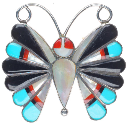 Zuni sterling silver turquoise/coral inlay butterfly pendant/pin/brooch