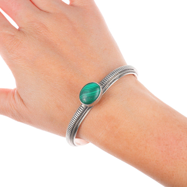 6.6" Vintage Navajo chiseled sterling silver malachite stone slim cuff bracelet