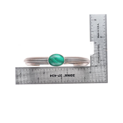 6.6" Vintage Navajo chiseled sterling silver malachite stone slim cuff bracelet