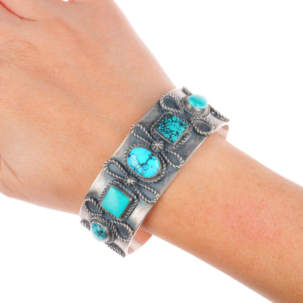 7.25" Brandon Williams Navajo sterling silver ropes turquoise row cuff bracelet