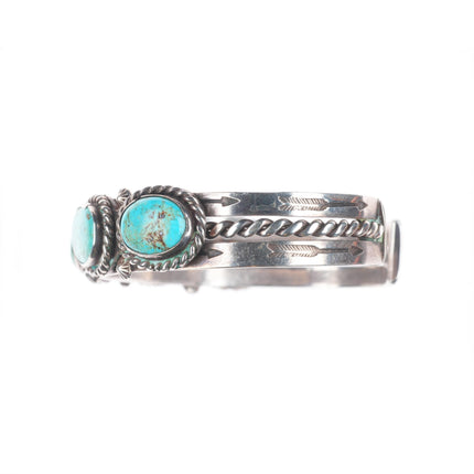 6.6" c1940 Vintage Navajo sterling silver turquoise row cuff bracelet rope bezel