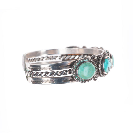 6.6" c1940 Vintage Navajo sterling silver turquoise row cuff bracelet rope bezel