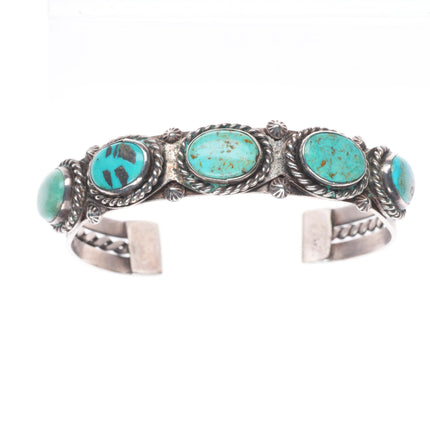 6.6" c1940 Vintage Navajo sterling silver turquoise row cuff bracelet rope bezel
