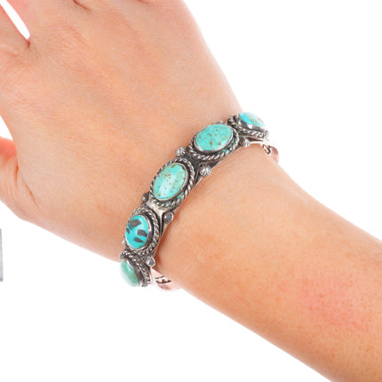 6.6" c1940 Vintage Navajo sterling silver turquoise row cuff bracelet rope bezel