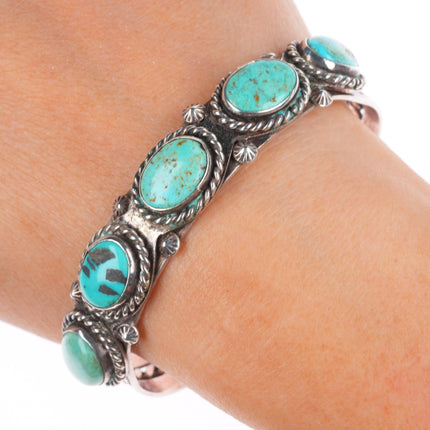 6.6" c1940 Vintage Navajo sterling silver turquoise row cuff bracelet rope bezel