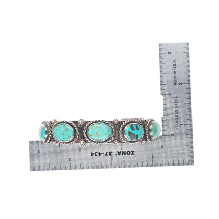 6.6" c1940 Vintage Navajo sterling silver turquoise row cuff bracelet rope bezel