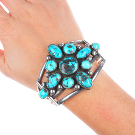 6.75" Vintage Navajo sterling silver cluster cuff bracelet with nice turquoise