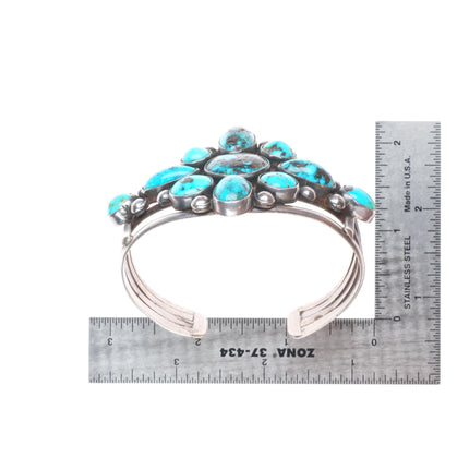 6.75" Vintage Navajo sterling silver cluster cuff bracelet with nice turquoise
