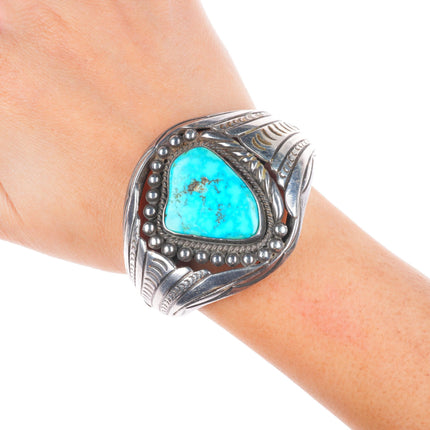 6.1" Vintage Navajo sterling silver twisted wire turquoise cuff bracelet