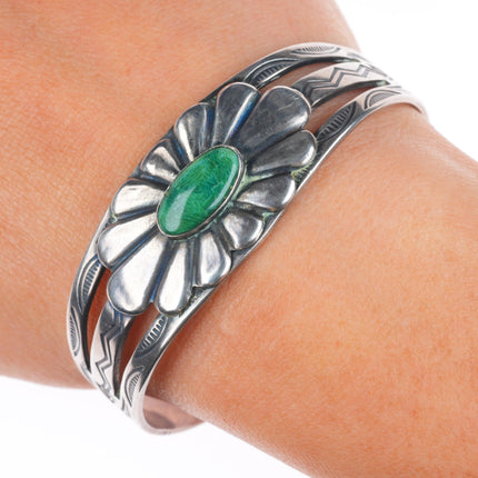 6.3" c1940 Vintage Fred Harvey era sterling silver green turquoise cuff bracelet