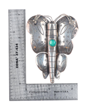 1930's Navajo large sterling silver hand stamped butterfly turquoise pin/brooch