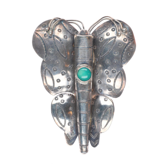 1930's Navajo large sterling silver hand stamped butterfly turquoise pin/brooch
