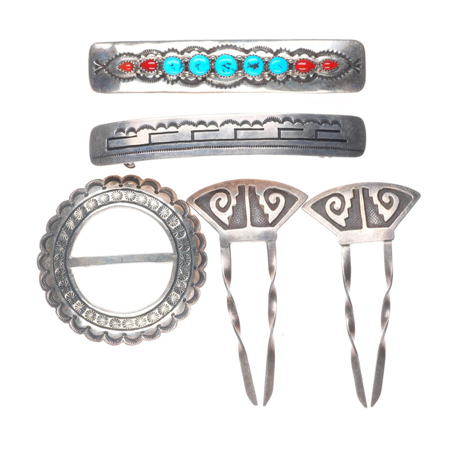 Vintage Navajo sterling silver hair pin/barrette collection lot turquoise/coral