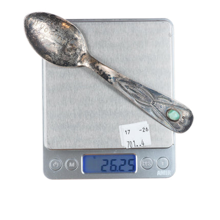 Navajo 30's-40's Hand stamped sterling silver Wyoming Souvenir spoon turquoise