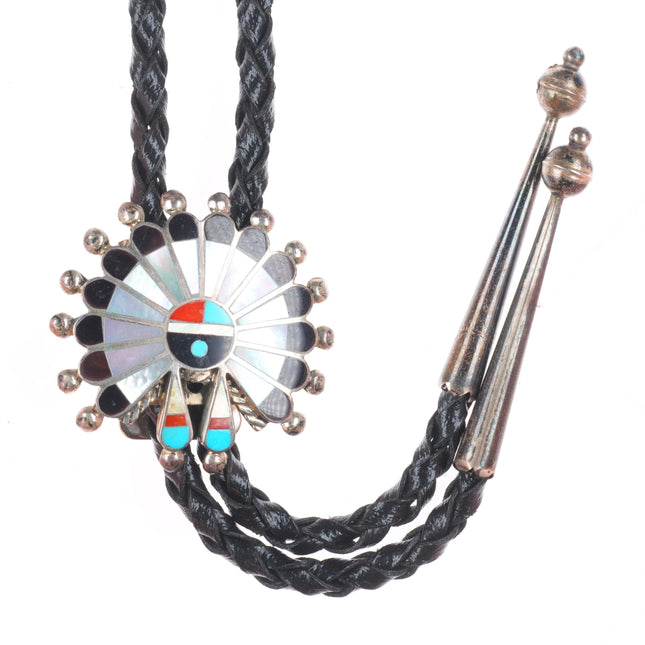 Vintage Zuni sterling silver sunface shell/turquoise inlay bolo tie