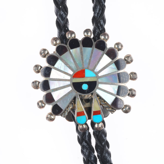 Vintage Zuni sterling silver sunface shell/turquoise inlay bolo tie