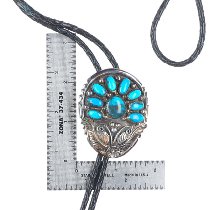 Vintage Navajo sterling silver Bisbee turquoise cluster bolo tie