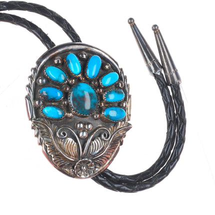 Vintage Navajo sterling silver Bisbee turquoise cluster bolo tie