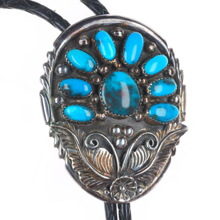 Vintage Navajo sterling silver Bisbee turquoise cluster bolo tie