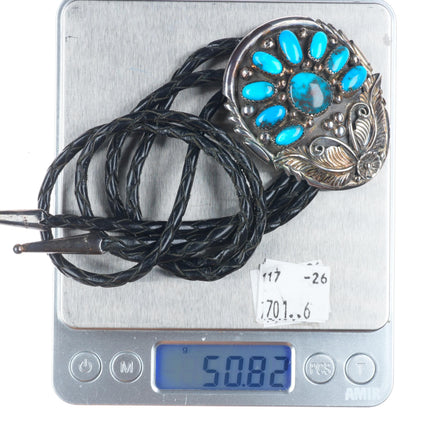 Vintage Navajo sterling silver Bisbee turquoise cluster bolo tie