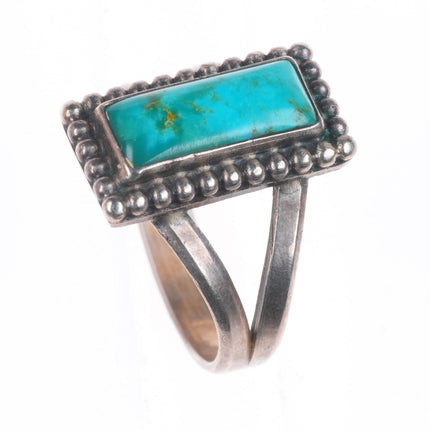 sz7.5 Blue Gem Turquoise Vintage Navajo sterling silver beaded bezel ring