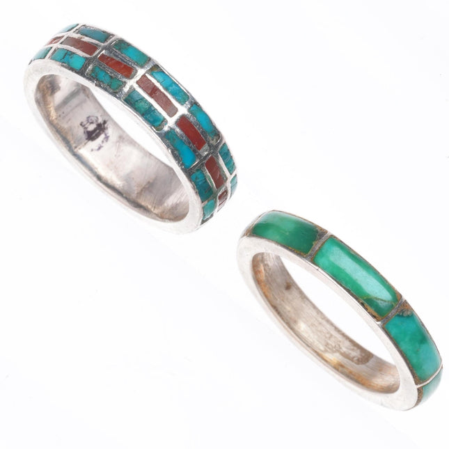 sz6.75 c1940's Vintage Zuni sterling silver turquoise/coral inlay band rings
