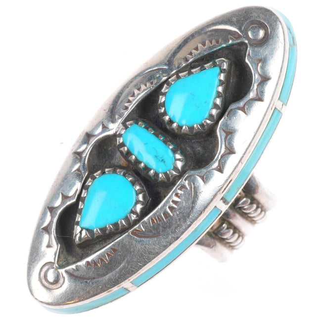 sz6.5 Vintage Navajo sterling silver side inlay turquoise 3 stone ring