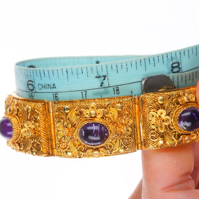 7.4" Vintage Chinese gold gilt sterling silver filigree amethyst link bracelet