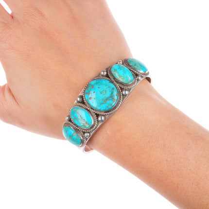 6.25" c1930 Vintage Navajo ingot silver deep stamped turquoise row cuff bracelet
