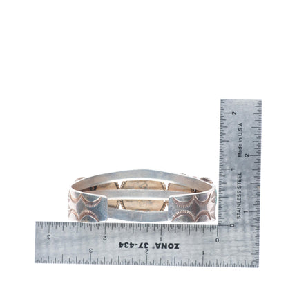 6.25" c1930 Vintage Navajo ingot silver deep stamped turquoise row cuff bracelet