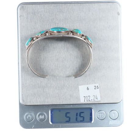 6.25" c1930 Vintage Navajo ingot silver deep stamped turquoise row cuff bracelet