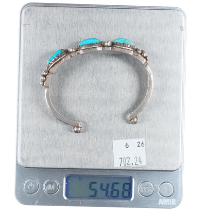 6.4" Antique Navajo ingot silver chiseled/filed 3 stone turquoise cuff bracelet