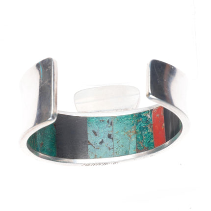 6" Bobby Tewa Hopi inside turquoise/coral inlaid sterling silver cuff bracelet