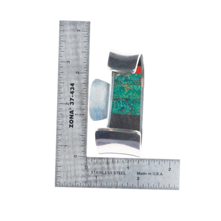 6" Bobby Tewa Hopi inside turquoise/coral inlaid sterling silver cuff bracelet