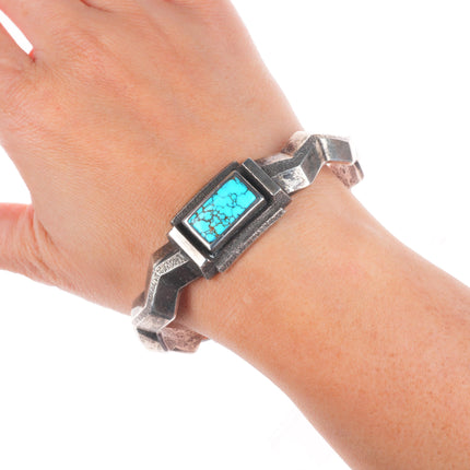 7.4" Native American spiderweb turquoise Tufa Cast sterling silver cuff bracelet