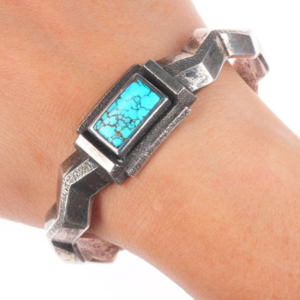 7.4" Native American spiderweb turquoise Tufa Cast sterling silver cuff bracelet