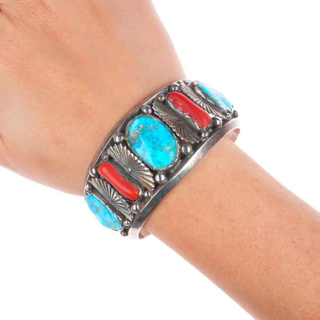 6.4" Vintage Zuni Morenci turquoise/branch coral sterling silver cuff bracelet